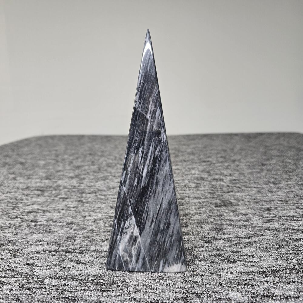 Vintage Black Zebra Marble Obelisk Pyramid 9.25" Natural Linear Veining Decor